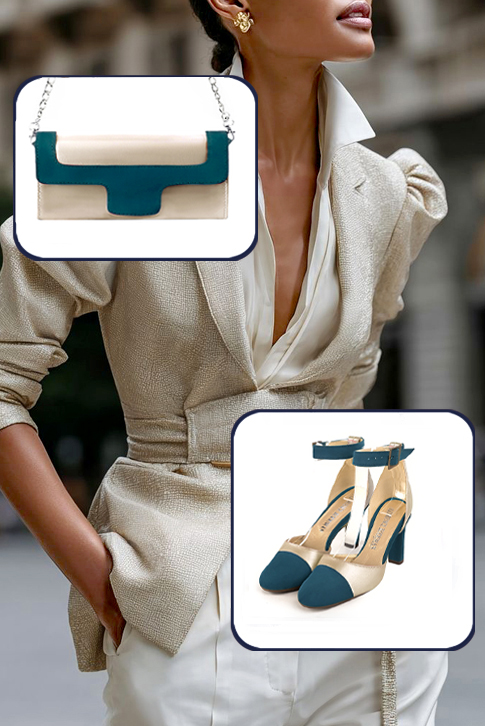Dress heels closed-back ankle strap in peacock blue and gold leather with kitten heels and round toe - Worn view